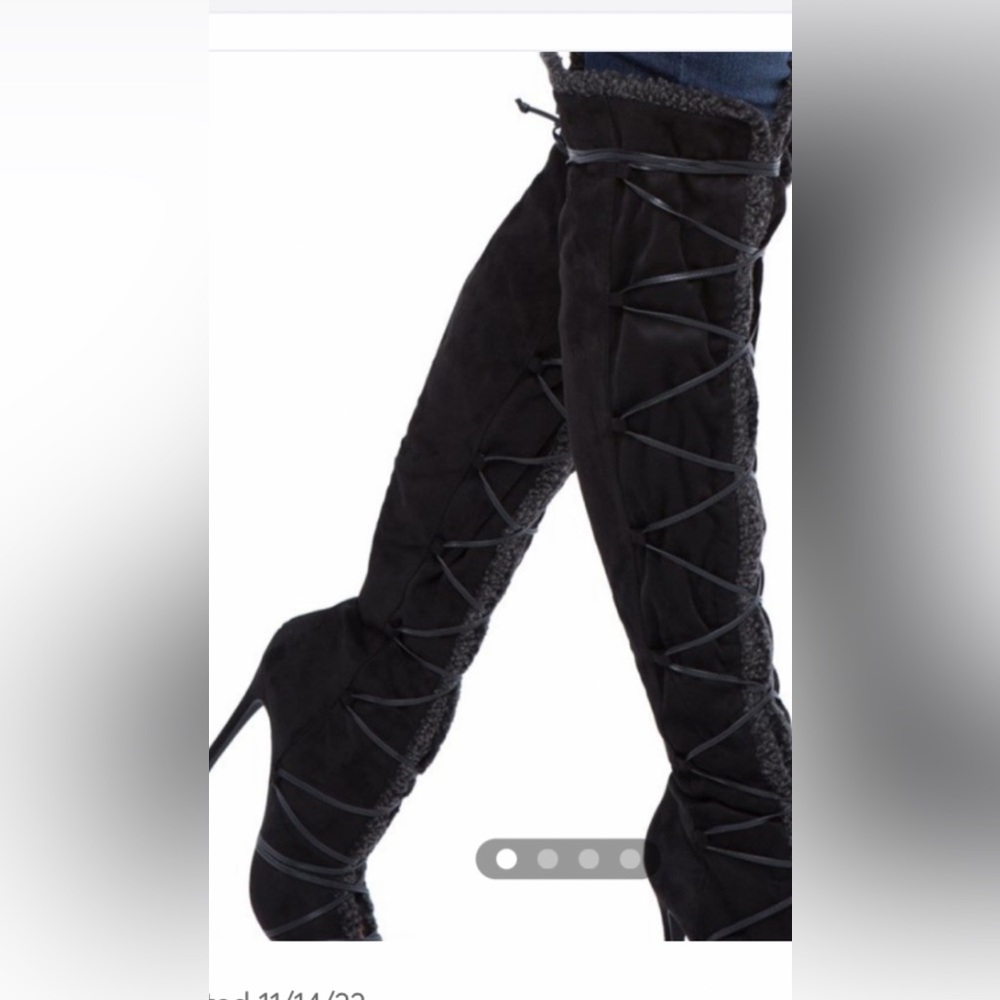 Over The Knee Stiletto Winter Pumps Boots Extra Long Laces Sherpa Black Size 8